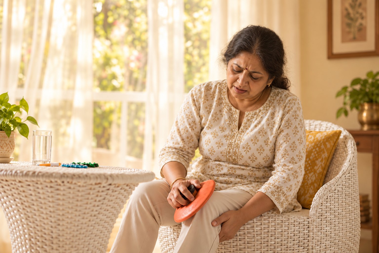 A woman in her 60s sitting in a chair at home, holding a warm compress to her aching knee