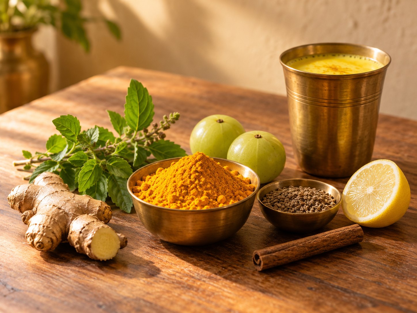 Turmeric in a brass bowl with ginger, tulsi, amla, ajwain, cinnamon, lemon and a glass of golden milk on a wooden table